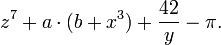 z^{7} + a cdot(b + x^{3}) +  frac{42}{y}  - pi.,